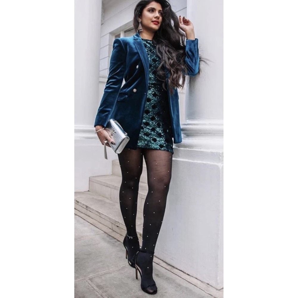 Zara Collection NWT Sequin Teal Green Mini Dress Velvet Tie Ruffle Sleeve XS